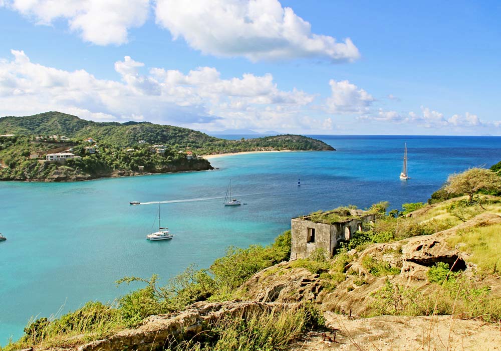 Scenic coastal bay with turquoise waters and boats